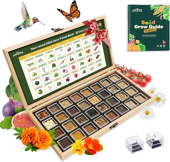 Lush&ampDew Year-Round USDA Zone 9 Seed Bank Gardening Gifts for Women Men 32 Varieties Non-GMO Heirloom Seeds of Vegetables Herbs Fruits Gift for Mom Dad Survival Seed Kit for Raised Garden Beds