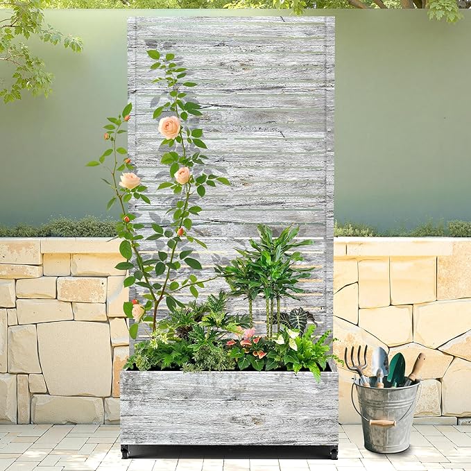 Raised Garden Bed with Trellis and Wheels73x35x16 Metal Raised Garden BedWhite Wood Finish Metal Planter with Climbing Trellis for Vines &amp Vegetables