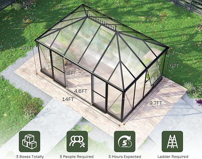 14×9.7×10 FT Greenhouse for Outdoors with 6 ft Double Swing Door &amp 2 Vents Heavy Duty Green House with Aluminum Frame for Outside Patio Backyard Garden
