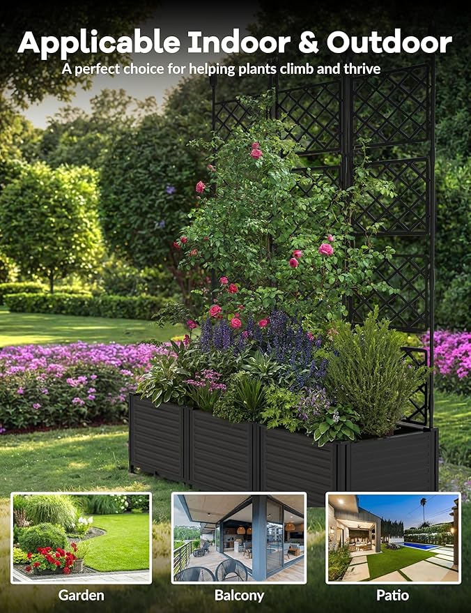3PCS Modular Raised Garden Bed Planter Box Kit with Metal Trellis – Vertical Garden Lattice for Climbing Plants Vegetables Flowers – Outdoor Patio Privacy Screen for Balcony Deck Small Spaces –
