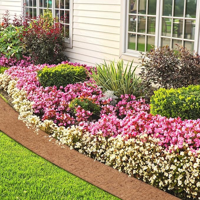 Timgle 2 Pcs 120 x 6.3 Natural Coconut Fiber Liner Mulch Roll Coir Liner Garden Weed Barrier Mat with 30 U-Shaped Steel Stakes for Landscaping Garden Edging Border Planters Vegetables &amp Flow