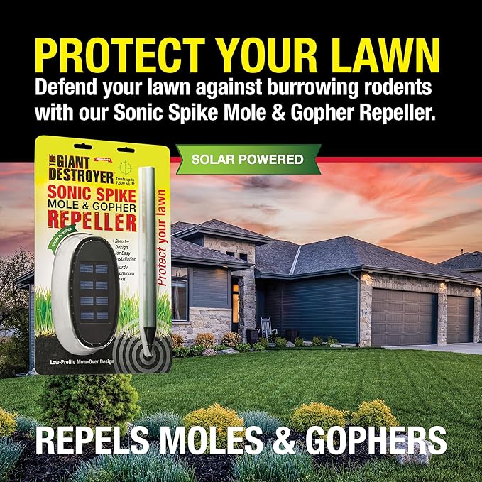 Sonic Spike Mole &amp Gopher Repeller - Solar Powered Ultrasonic Animal Repellent Spikes - Repels Rodents from Lawn Garden &amp Home (4 Pack)