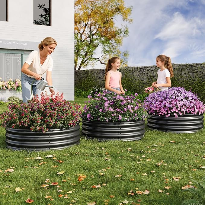 2 x 1FT Round Galvanized Raised Garden Bed – Metal Planter Box Kit with Rust &amp Corrosion Protection Safe Rubber Edge Open Bottom Design – Easy Assembly for Vegetables Flowers Fruits