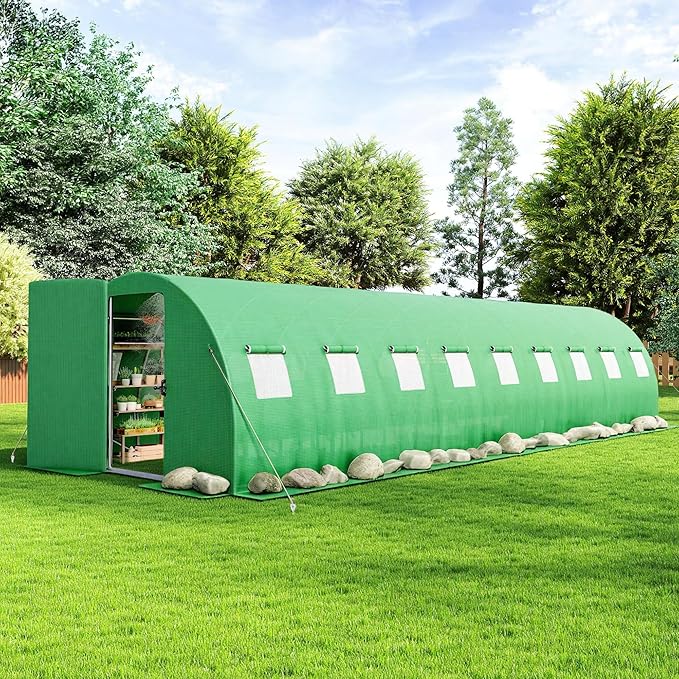 AMERLIFE 30×10 FT Tunnel Greenhouse with Built-in Sprinkler System Walk-in Greenhouse for Backyard Gardening Heavy Duty Galvanized Steel Frame &amp Waterproof PE Cover Green