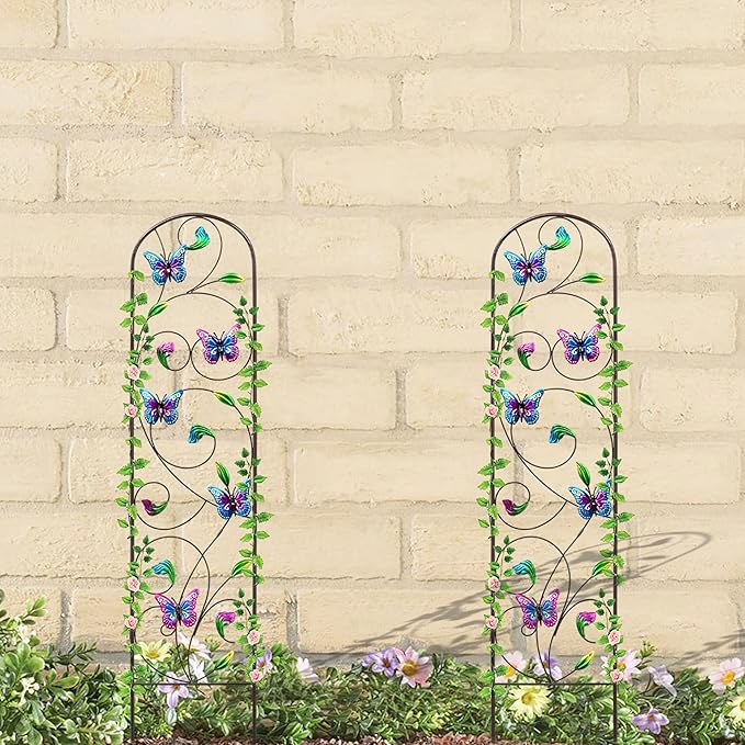 WAIU 2 Pack Butterfly Metal Garden Trellis for Climbing Plants Decorative Outdoor Trellis for Flowers Rustic Garden Decor for Patio Lawn Yard Backyard