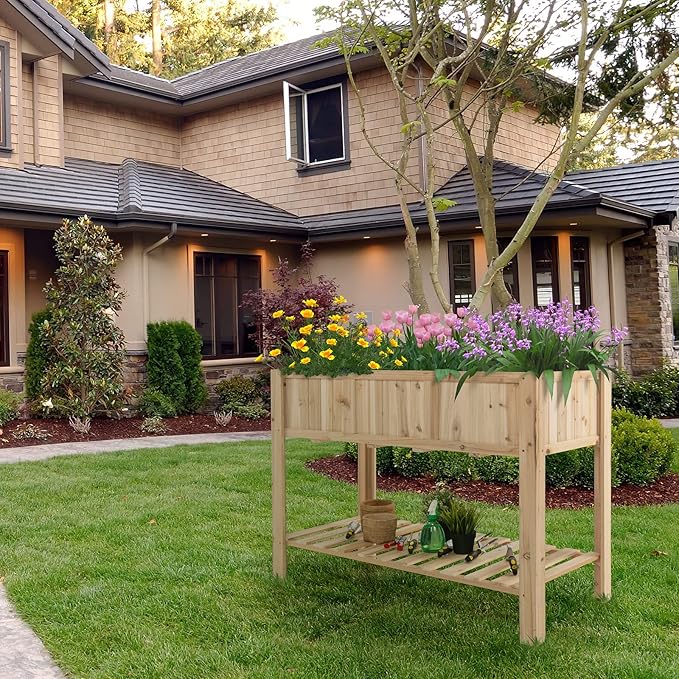 S AFSTAR 47x23x35in Raised Garden Bed Wooden Elevated Planter Box with Solid Legs Storage Shelf Planter Liner Outdoor Standing Planter Bed for Growing Vegetables Flowers Herbs Garden Yard Patio