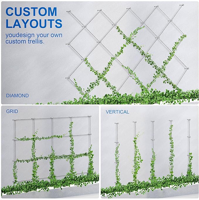 Wire Trellis for Climbing Plants Outdoor 20-Set Wall Wire Trellis Kit with 1/8in x 98ft Stainless Steel Cable &amp Cutter T316 Espalier System for Fence and Garden DIY Projects