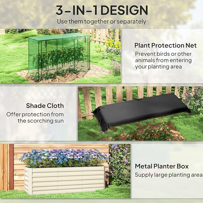 Galvanized Steel Raised Planter Container with Integrated Vegetable Cage and UV-Absorbing Shade Screen Beige Finish Premium Material