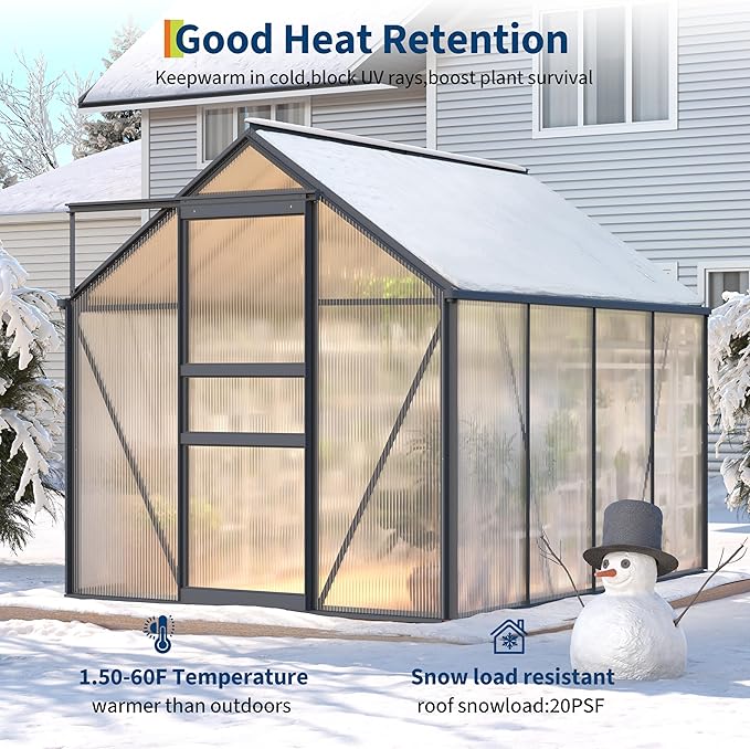 6X8FT Walk-in Polycarbonate Greenhouse Outdoor Weatherproof Greenhouse Kit with Adjustable Roof Vent Sliding Door &amp Gutter Drainage Portable Green House for Patio Backyard Winter Gardening