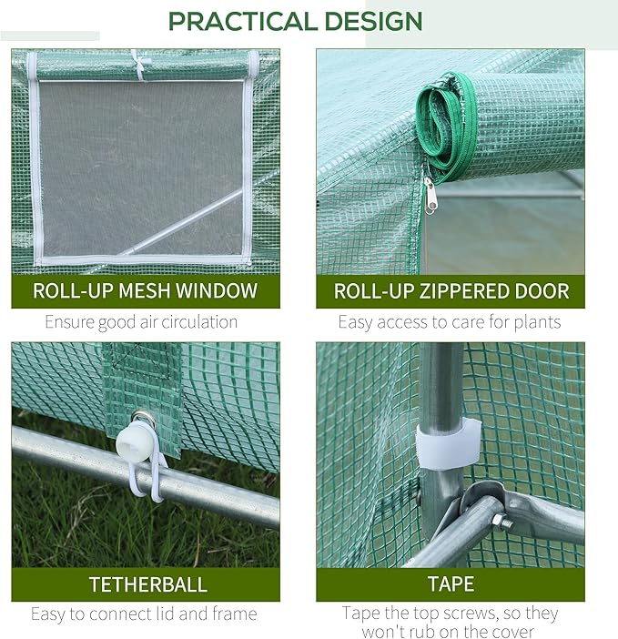 【LuckyNote】 20' x 10' x 7' Walk-in Tunnel Greenhouse Garden Warm House Large Hot House Kit with 8 Roll-up Windows &amp Roll Up Door Steel Frame Green