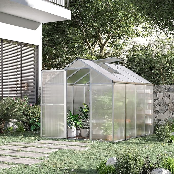 Outsunny 8' x 6' Greenhouse for Outdoors Polycarbonate Greenhouse with Rain Gutter and Roof Vent Aluminum Walk-in Green Houses for Outside Patio Backyard Garden