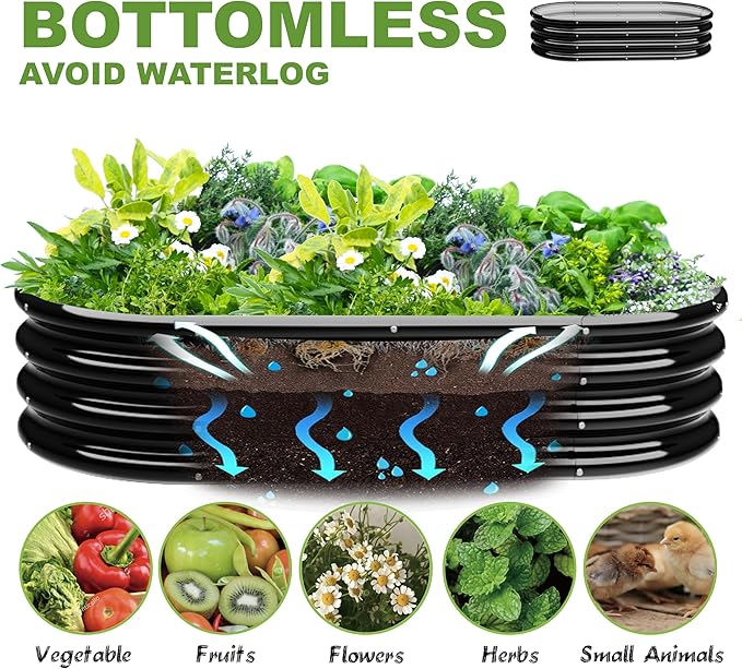 4x2x1ft-2pcs-Oval Raised Garden Bed Kit Galvanized Planter Garden Boxes Outdoor Metal Raised Garden Beds for VegetablesFruits FlowerBlack