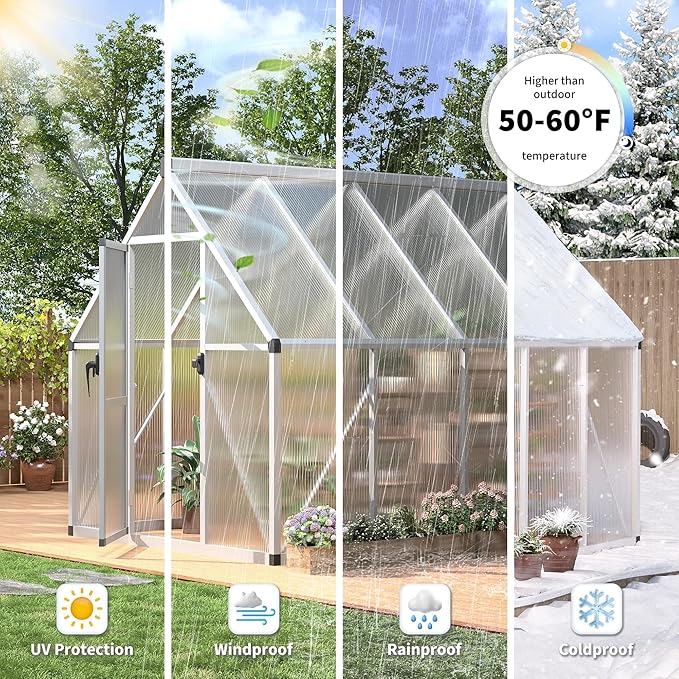 6x7 FT Outdoor Polycarbonate Greenhouse with Lockable Door Adjustable Roof Vent and Windproof Aluminum Frame Walk-in Design for Backyard or Lawn