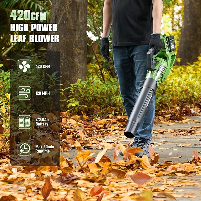 40V Cordless Leaf Blower 420CFM/120MPH Electric Leaf Blower with 2 * 2.0Ah Battery 5 Speed Levels &amp Trubo Mode Powerful Leaf blowers for Lawn CareYardBlowing Leaves Dust SnowGreen