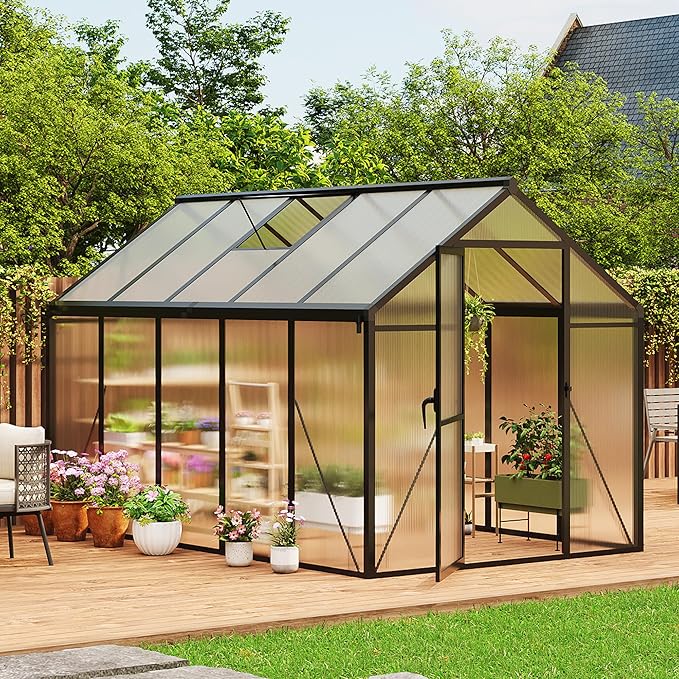 6×10FT Greenhouses for Outdoors Aluminum Polycarbonate Greenhouses with Roof Vent - Heavy-Duty Walk-in Green Houses for All-Season Backyard Gardening