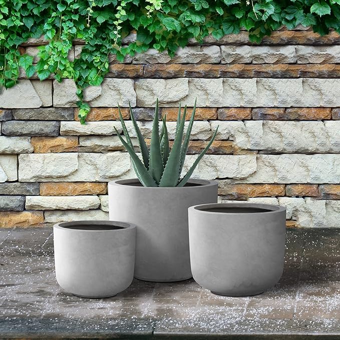 Kante 13119 Dia Natural Concrete Round Planters (Set of 3) Outdoor Indoor Modern Planter Pots Lightweight Weather Resistant Seamless with Drainage Hole