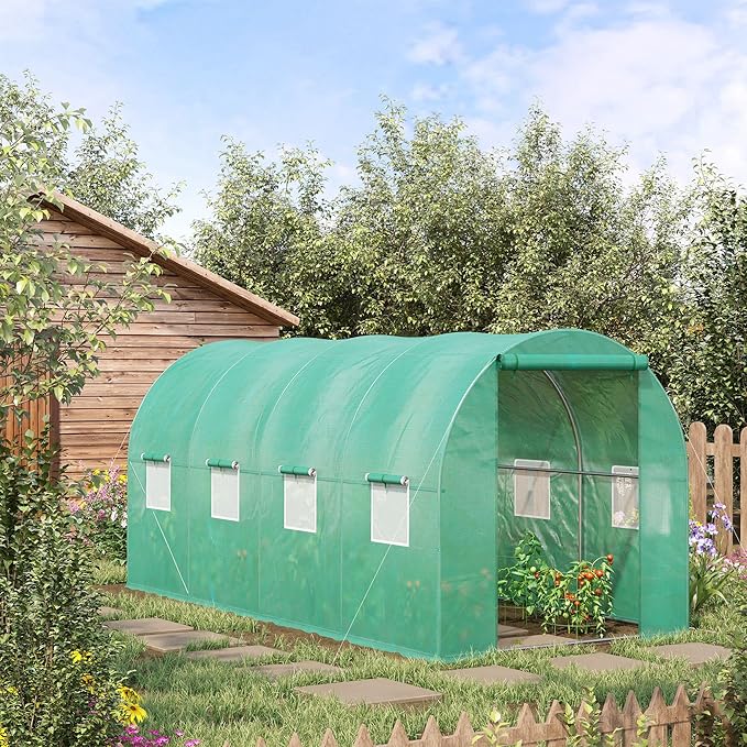 Outsunny 15' x 7' x 6.5' Walk-in Tunnel Hoop Greenhouse Green House for Outside with PE Cover Steel Frame Roll-Up Zipper Door &amp Windows for Flowers Vegetables Tropical Plants Green