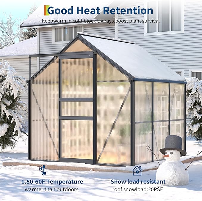 6X6FT Walk-in Polycarbonate Greenhouse Outdoor Weatherproof Greenhouse Kit with Adjustable Roof Vent Sliding Door &amp Gutter Drainage Portable Green House for Patio Backyard Winter Gardening