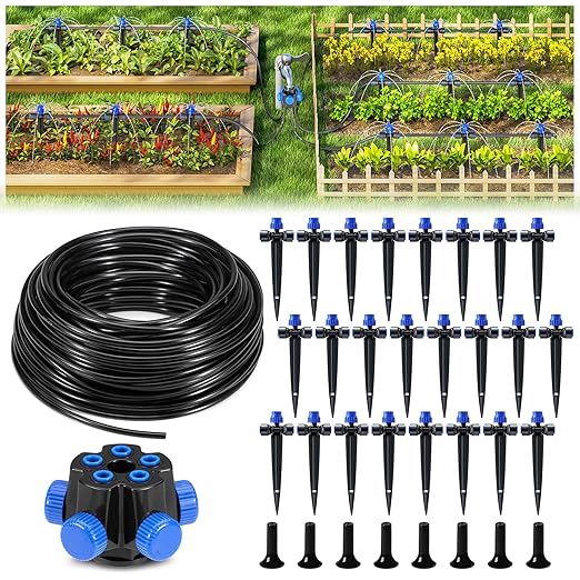 HIRALIY 100FT Garden Watering System Automatic Drip Irrigation Kit with Adjustable Flow Nozzles 5-Way Connector Plastic Material Modern Style Ideal for Lawn Patio Garden Raised Bed