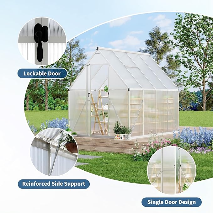 6X7 ft Polycarbonate Greenhouse with Aluminum Frame Polycarbonate Greenhouse for Outdoors Greenhouses with Ventilation Aluminum Large Walk-in Greenhouses for Outside