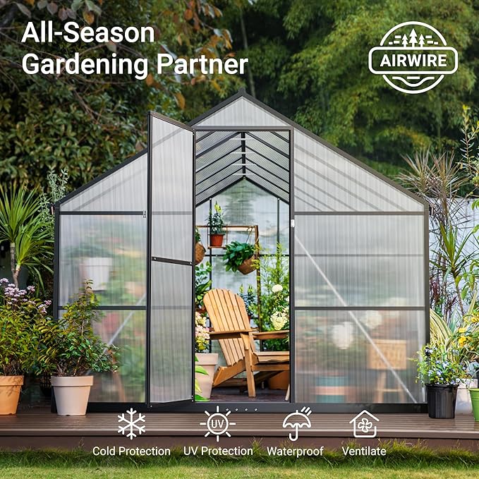 8x12 FT Greenhouse for Outdoors Quick Setup Polycarbonate Greenhouse with Roof Vent Aluminum Large Walk-in Green House for Outside Garden Backyard Black