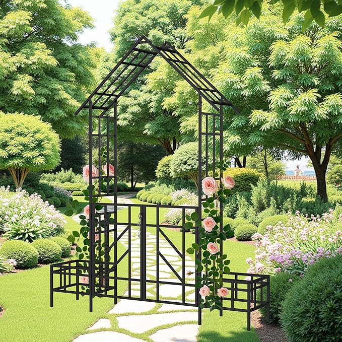 Metal Garden Arch Trellis for Climbing Plants Adjustable Width Outdoor Rose Arbor with Flat Top Ceremony Decoration Archway with Planter for Wedding Events Lawn Patio Decor