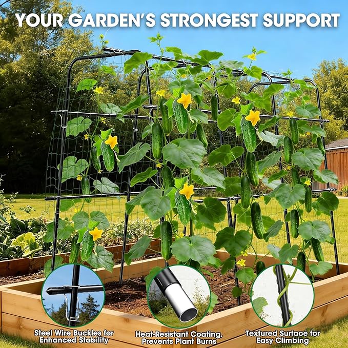 Cucumber Trellis for Raised Bed and Garden 47 H x 63 W U-Shaped Metal Garden Trellis for Climbing Plants with Nylon Netting Vegetable Support Frame