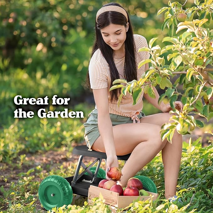 Pure Garden Rolling Garden Seat with Storage 200 lb Capacity Smooth Wheels Black and Green