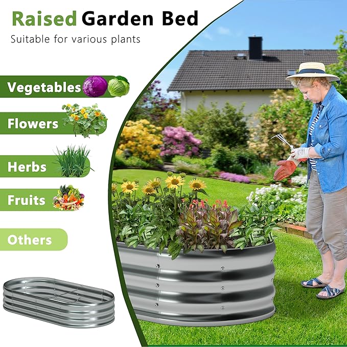 8x2x1ft(2 Pack) Galvanized Oval Raised Garden BedOutdoor Planter Box Metal Patio Kit Planting Bed for Vegetables Flowers HerbSilver
