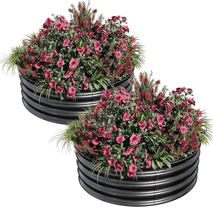 2 PCS 2 x 1ft Round Galvanized Raised Garden Bed Rust Corrosion-Resistant Metal Planter Box with Safe Rubber Edging Easy Assembly Open Bottom for Vegetables Flowers Fruits Herbs Black
