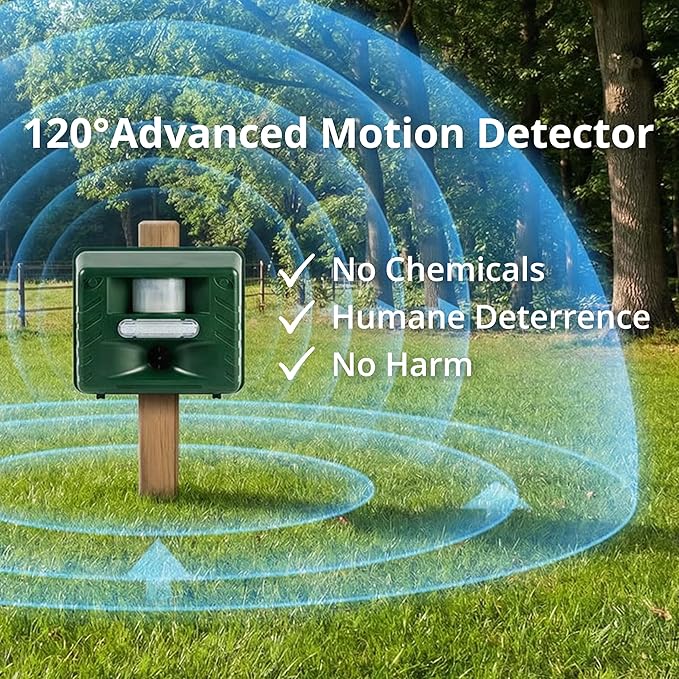Aspectek Yard Sentinel Ultrasonic Repeller for Deer Raccoons Squirrel Bird Outdoor Animal Repellent for Yard Garden Farm Patio Waterproof Adjustable Motion Sensor Nighttime Strobe Light