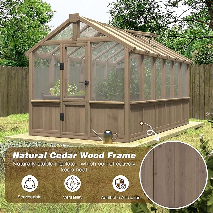 VEIKOU 6' x12' Greenhouses for Outdoors Wooden Greenhouse with Cedar Frame &amp Adjustable Vents  Wood Green House with 6MM Thick Polycarbonate Panel for Garden Backyard Light Brown Mocha