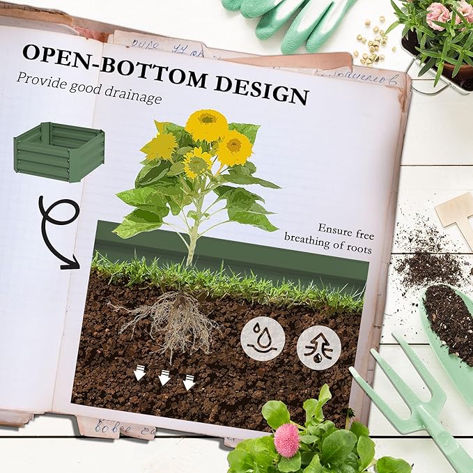 Galvanized Raised Garden Bed 24 x 24 x 11.75 Outdoor Planter Box with Trellis Tomato Cage and Open Bottom for Climbing Vines Vegetables Flowers in Backyard Garden Patio Green
