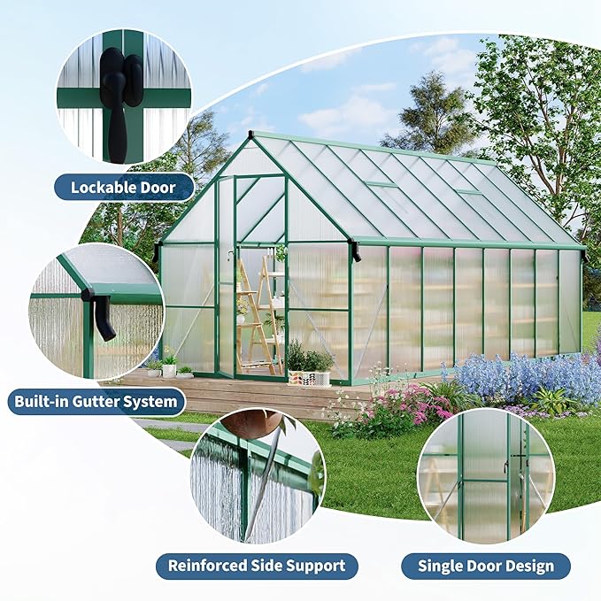 8X16 ft Polycarbonate Greenhouse with Aluminum Frame Polycarbonate Greenhouse for Outdoors Greenhouses with Ventilation and Rain Gutter Aluminum Large Walk-in Greenhouses for Outside