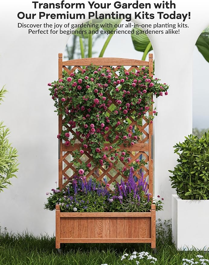 60 Inch Movable Raised Garden Bed with Trellis and Wheels Wooden Freestanding Planter Box for Climbing Plants Vegetables Flowers Outdoor &amp Indoor Natural Fir Wood