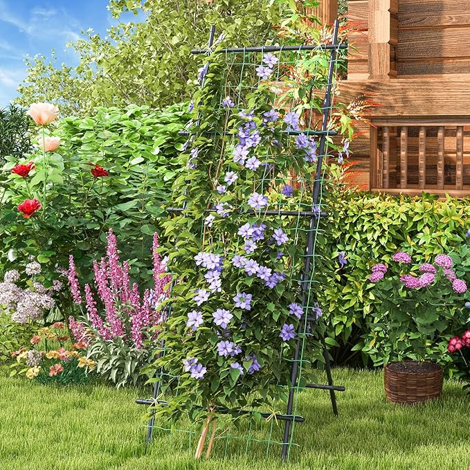 Giantex Cucumber Trellis Trellis for Climbing Plants Outdoor Garden Trellis w/Netting PE-Coated Metal Clips Plant Support for Flower Vine Grape Vegetable Fruit Adjustable Shape 31x 26x74