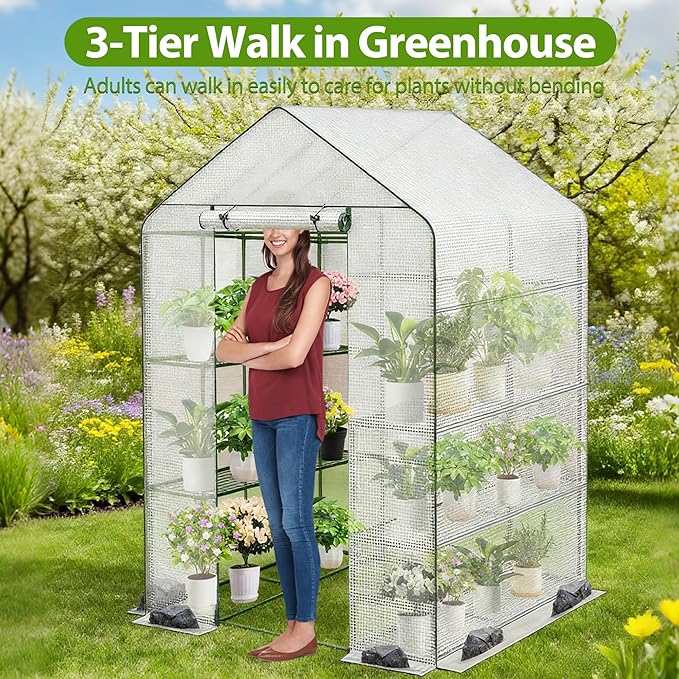 Walk-in Greenhouse 48 x 73 x 75 Inch Outdoor Plant Green House with 3 Tiers 12 Shelves Heavy Duty Steel Frame &amp Thicken PE Cover Portable Greenhouses for Balcony Patio Deck Gardening