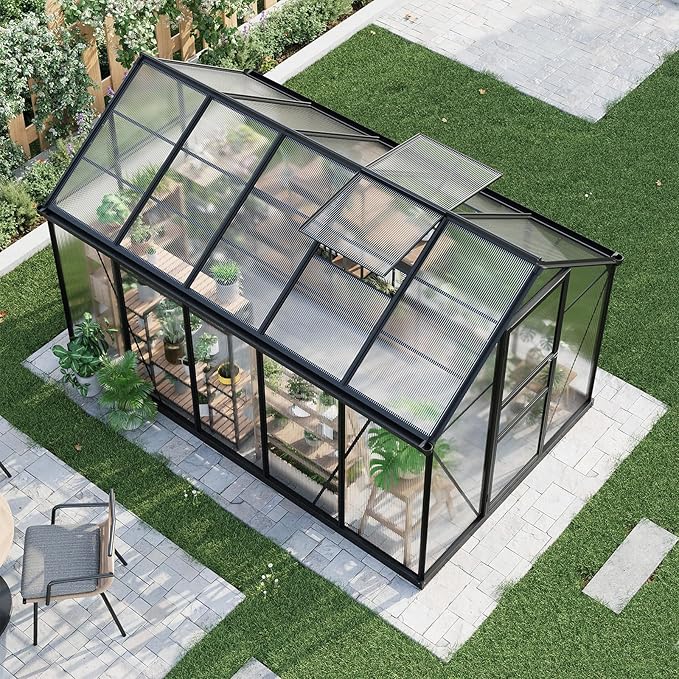 Greenhouse 6×10FT Greenhouses for Outside Walk-in Green House with Ground Nails and Vent Windows Sliding Lockable Door Polycarbonate Green House for Outside Garden Backyard Quick Setup