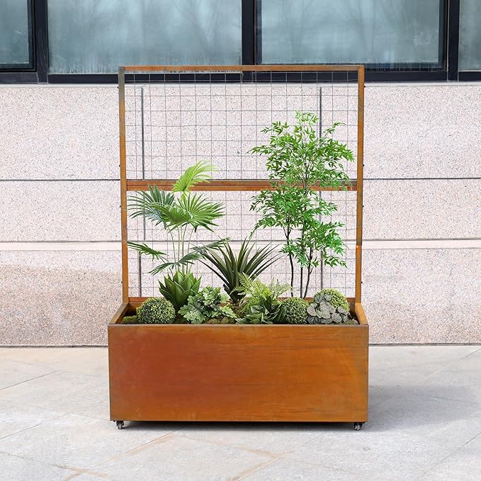Metal Rolling Planter Box with Lattice Trellis Modern Steel Planter Box Trellis Corten Trough Planter with Casters 66” x 46” x 21” (Rustic)