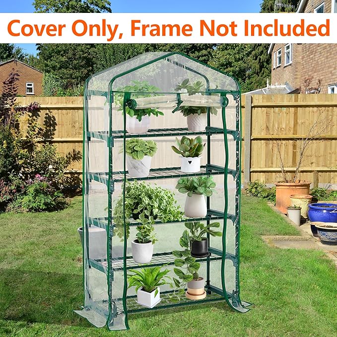 DECOHS Extra Wide 5 Tier Greenhouse Replacement Cover- 75 x 40 x 19 Inch Clear PVC Plant Gardening Greenhouse Cover with Roll-Up Zipper Door for Gardening Plants Flowers (Frame Not Include)