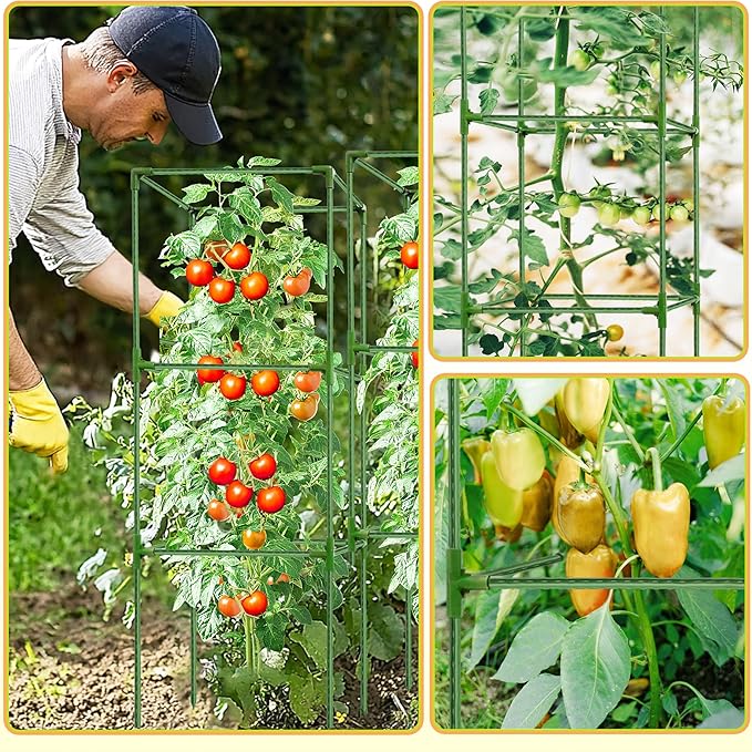 3 Pack Square Tomato Cages for Garden - 56 Inch Heavy Duty Tomato Plant Support Stakes Sturdy Metal Core with Rust-Resistant Coating Tomato Trellis for Raised Beds