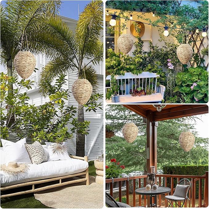 DECOHS 2 Pack Large Woven Reed Wasp Nest Decoy 10 x 7.5 Inch Hanging Fake Wasp Nests Decoration Faux Hornet Nest Wasps Deterrent for Outdoor Garden Yard Patio Eaves