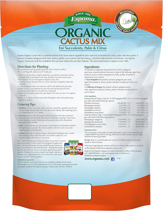Espoma Organic Cactus Potting Soil Mix Natural &amp Organic Soil for Cactus Succulent Palm and Citrus Grown in containers Both Indoors and Outdoors 8 qt Pack of 2