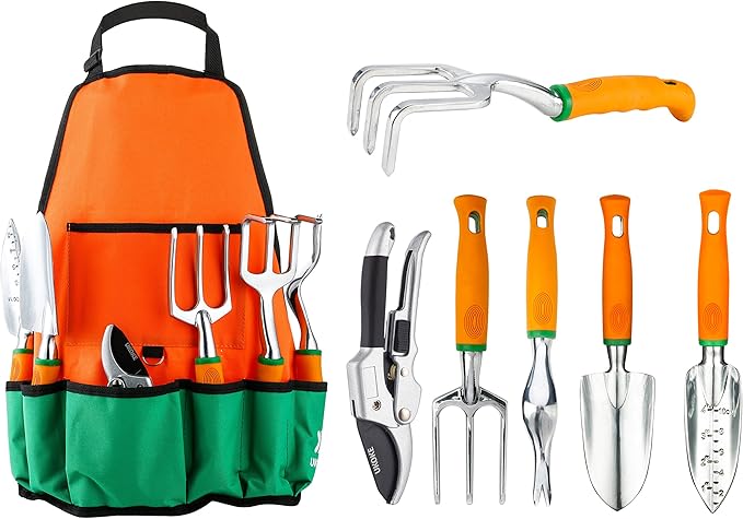 Ukoke UGP01G-7 Outdoor Tool Heavy Duty Work Ergonomic Handle for Women Men Set 7 Piece Aluminum Kit Garden Canvas Apron with Storage Pock Orange
