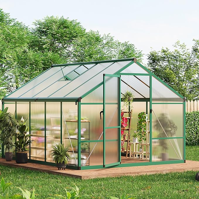 8X10FT Outdoor Greenhouse Aluminum Polycarbonate House Green Houses for Outside with Sliding Doors Ajustable Roof Vent Withstands Bad Weather for Garden or Backyard Green
