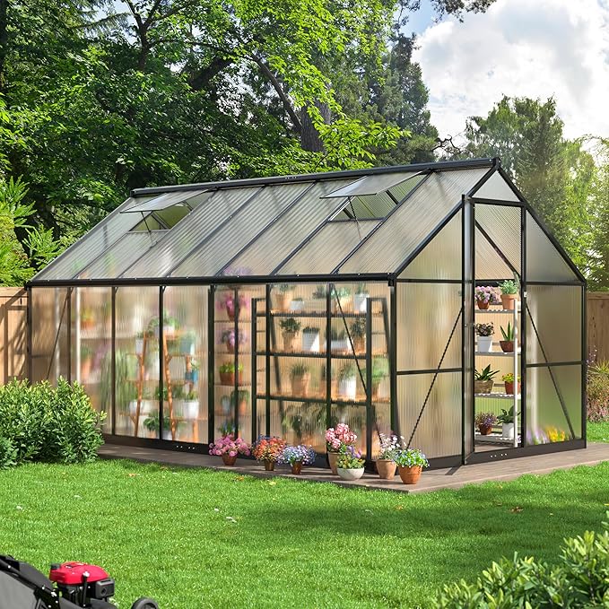 WKM 8x14 FT Quick-fit Aluminum Greenhouse with Window for Ventilation Black
