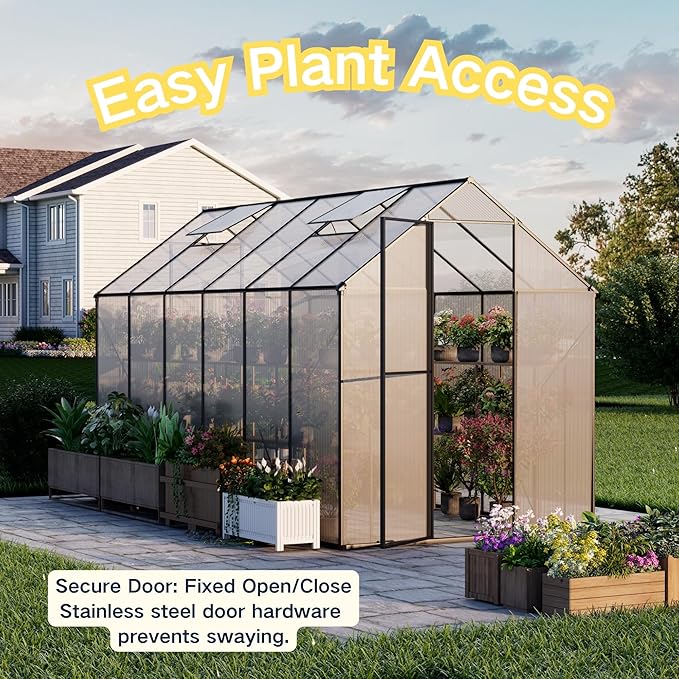 Kingdura 6x12ft Walk-in Greenhouse for Outdoors Large Polycarbonate Greenhouses with Heavy Duty Aluminum Frame Adjustable Roof Vent Lockable Door UV Protection for Outside Garden Backyard