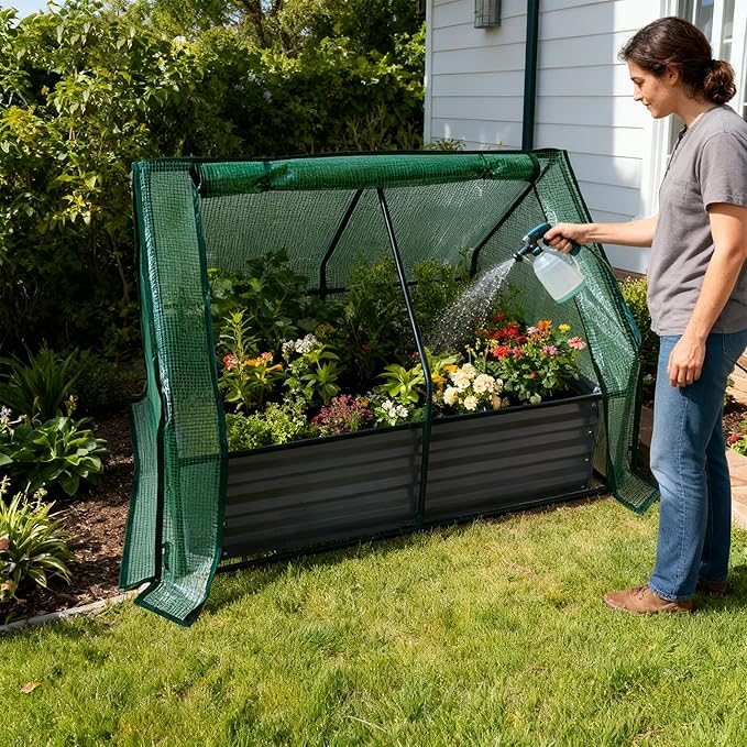 Relaxdays Raised Bed with Greenhouse for Flowers Plants and Vegetables H x W x D: 92 x 125 x 95 cm Garden Plant Bed Light Grey