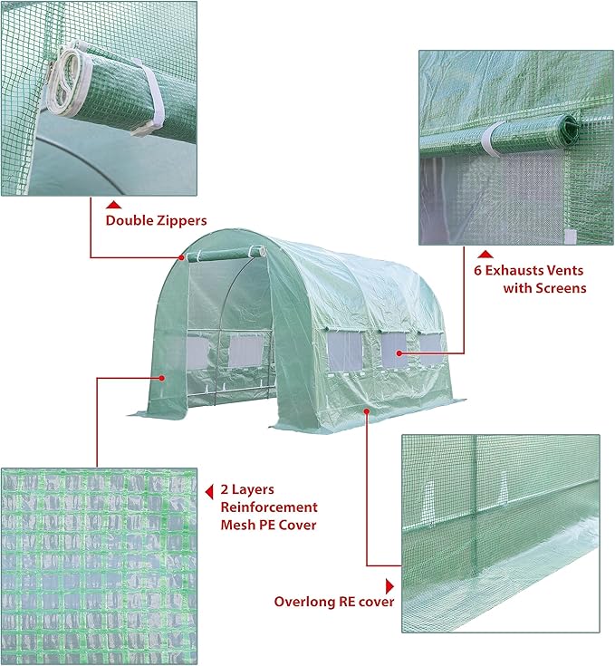 Replacement Cover for Portable Greenhouse Large Walk-in Green Hot Garden House Top Tarp 2 Zippered Doors Green 6 Roll-up Windows (Frame Does NOT Included) (12 x 7 x 6.7 ft)