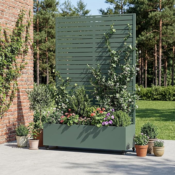Casaphoria Metal Raised Garden Bed with Trellis and Wheels 72x47x16 Planter Box for Climbing Plants Vegetables &amp Vines Features Drainage Holes and Privacy Screen Drak Green-Louvered
